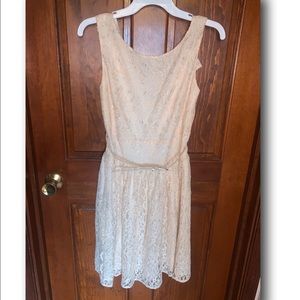 LOFT cream lace dress with metallic detail & belt